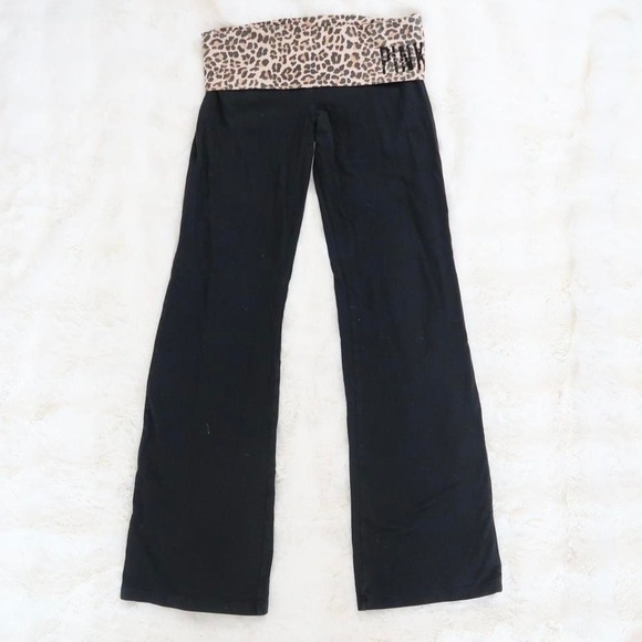 Victoria's Secret PINK Pants - victoria's secret pink yoga fold over flare pants leopard waistband